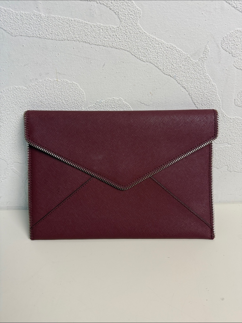 Rebecca Minkoff Burgundy Leather Envelope Clutch Silver Zip Trim Size OS